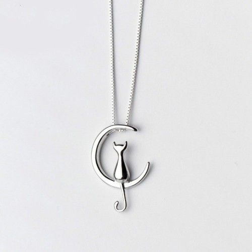 925 Sterling Silver Cat Moon Necklace