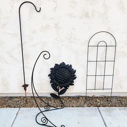 4 Piece Metal Garden Patio Yard Art - Sunflower,  Trellis,  Shepherd Hook & Hanging Plant Stand - $20 For All