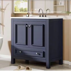 30 in. Single Sink Freestanding Dark Blue Bath Vanity with White Ceramic Top Unassembled