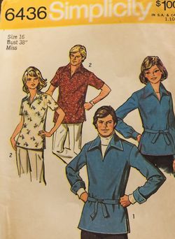 Vintage Simplicity 6436 Men Women Shirts  Size 16 Pre Owned