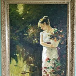 Large Oil Painting Beautiful Woman With Flowers in White Dress Young Girl