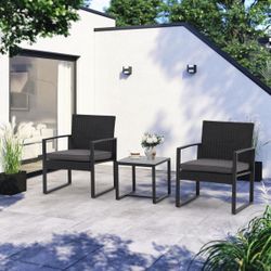 New 3-Pieces Modern PE Rattan Chair Patio Furniture Conversation Sets Patio Set Bistro Set for House Porch Garden Backyard Outdoor New in box T LCRC