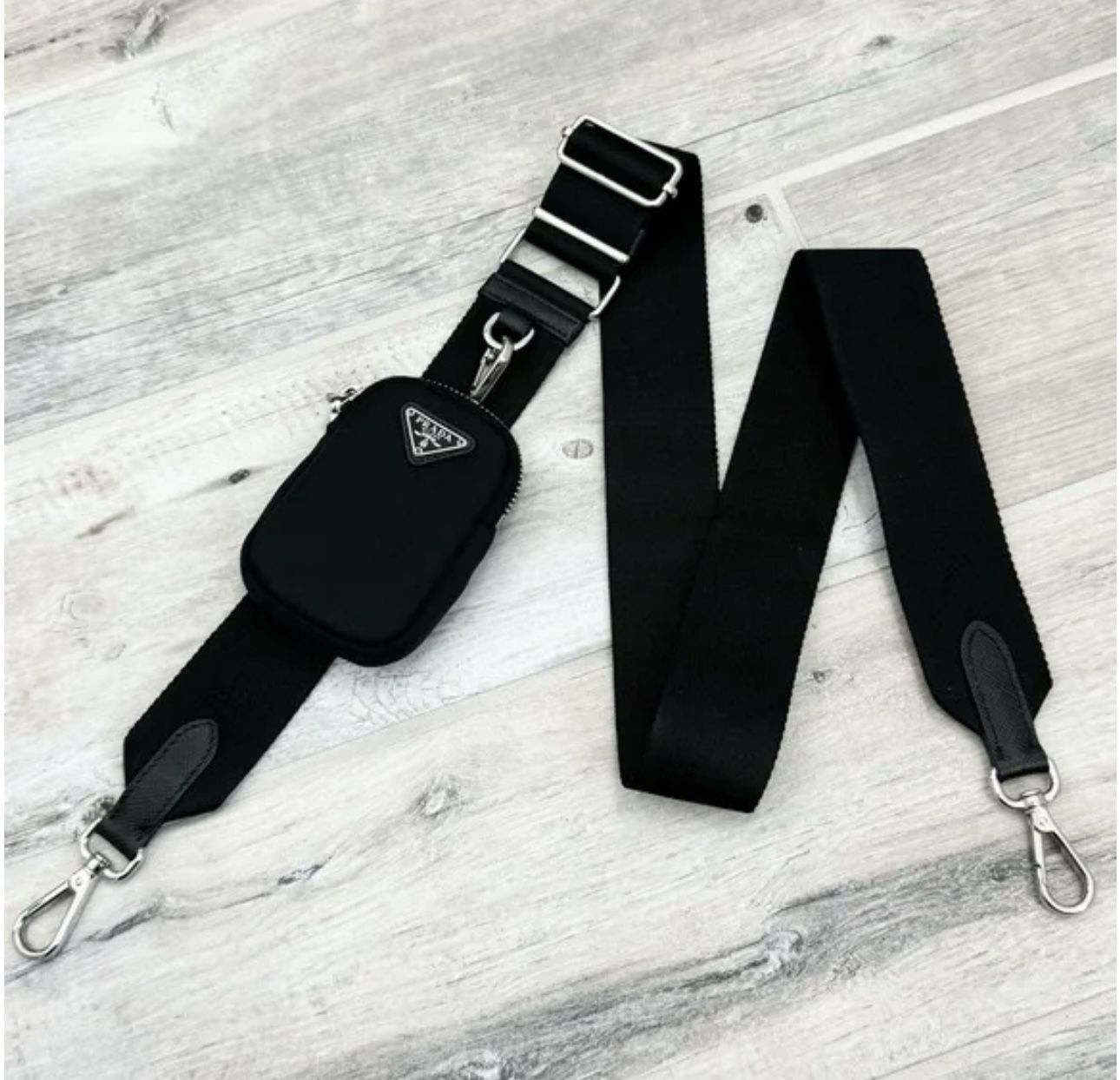 Prada Black Canvas Logo Saffiano Leather Trim Adjustable Strap w/ Nylon Pouch. 100% authentic. 