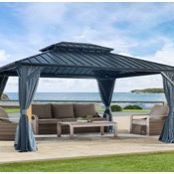 12x12ft Gazebo Double Roof Canopy with Netting and Curtains, Outdoor Gazebo 2-Tier Hardtop Galvanized Iron Aluminum Frame Garden Tent for Patio, Backy