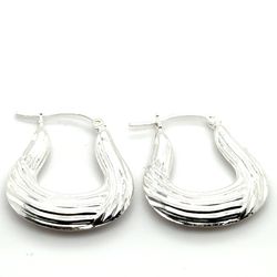 925 Sterling Silver Ribbed Hollow Hoop Hanging Earrings 3.71grams 177243 1