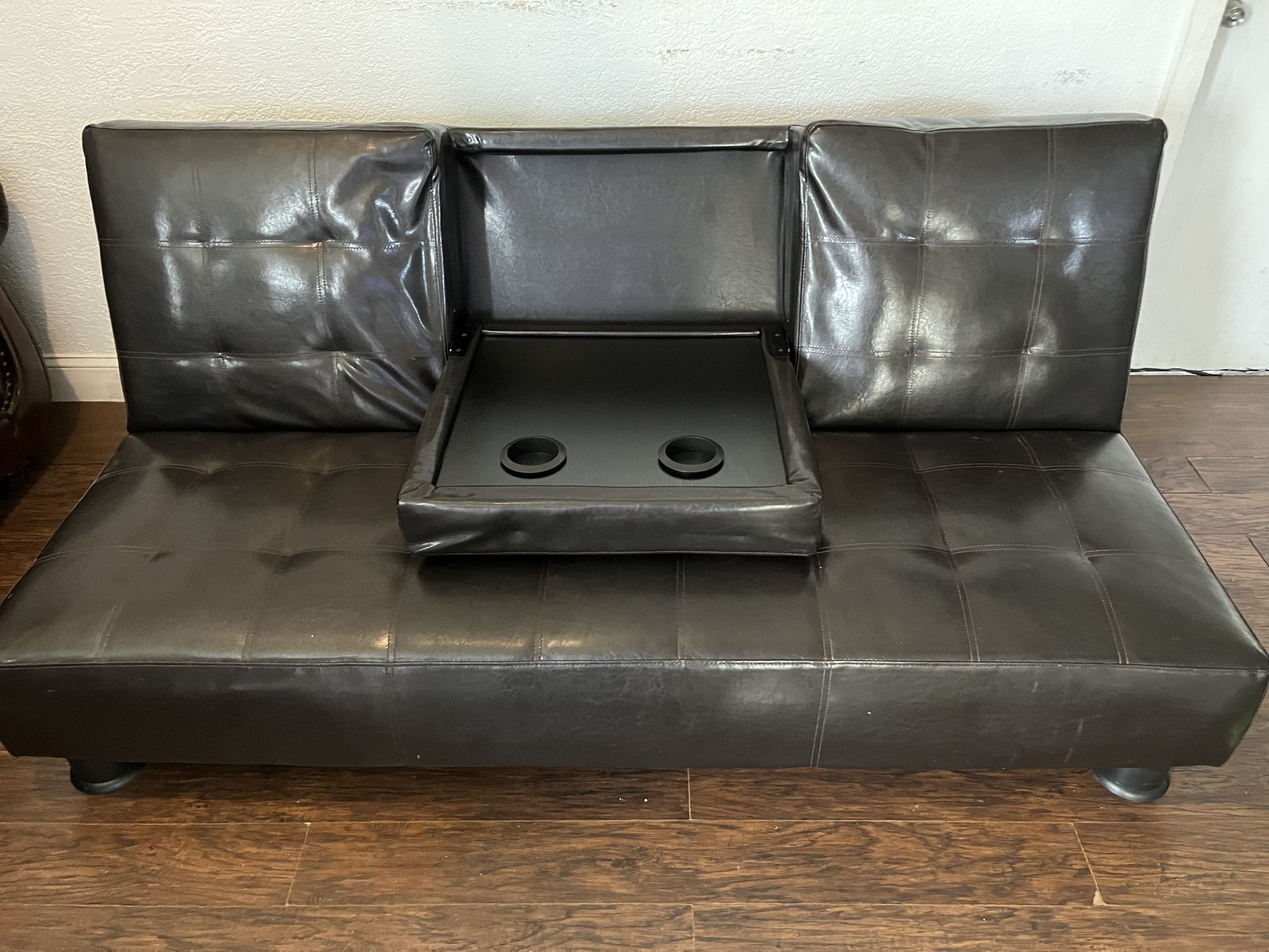 Faux Leather Futon Sofa – Reclines + Cupholders – $120 OBO