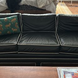 Vintage 1960s Black Leather Couch White Piping