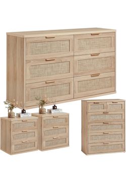 LEYAOYAO Rattan Dresser and Nightstand Sets 4 Piece, Natural Boho Wood 6 Drawers Dresser & 3 Drawer Night Stand Sets & Tall Chest of Drawers, Furnitur