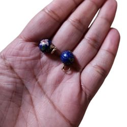 Vintage 14k Yellow Gold Blue Floral Cloisonne Ball Pendant Charm Set of 2