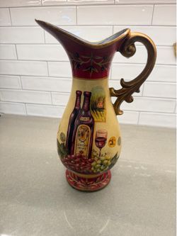 Large Decorative Tuscan Wine Theme Pitcher / Vase – 14” Tall