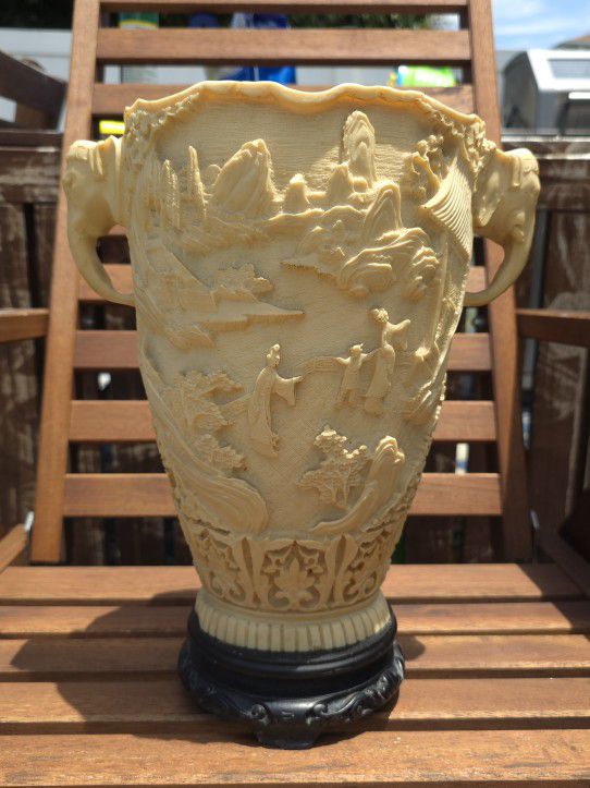 Vintage Asian Vase Hand Carved 