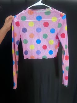 SHEIN Pink Sheer Mesh Rainbow Polka Dot Crop Top - Long Sleeve Size Small
