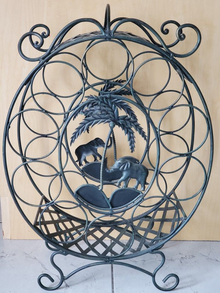 Vintage Metal Wine Rack Elephant Palm Tree Design
