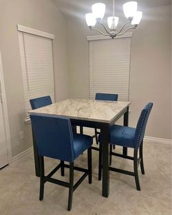 5pc dinette table marble top with blue chairs