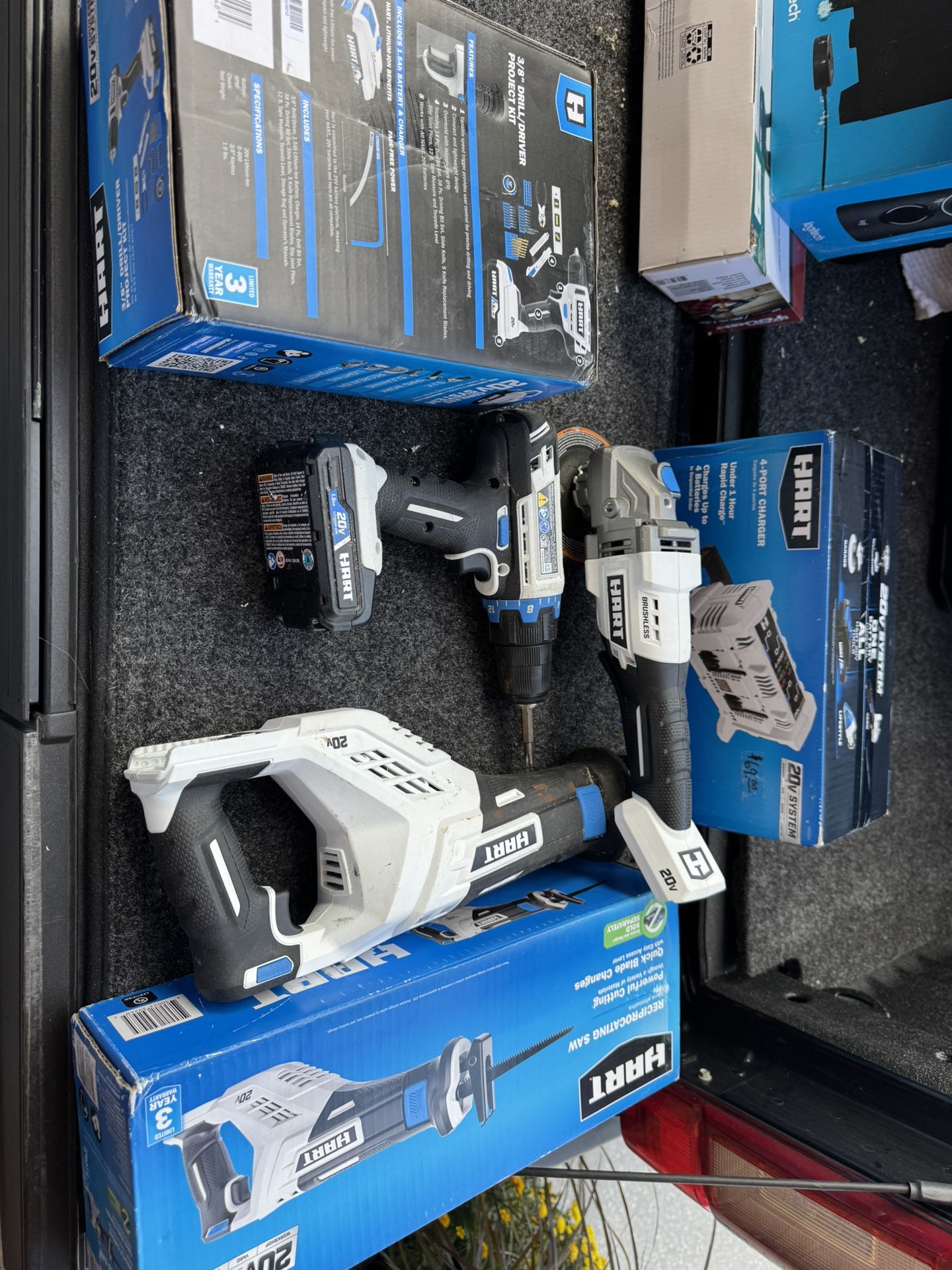 Hart Drill, Grinder, Reciprocating Saw, Batteries, Charger  & More