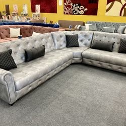 Silver Leather Living Room Sectional - Delivery And Financing Available 