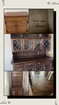 Ethen Allen, Table w/6 Chairs $250, Hutch Great Cond. $130, Bookcase ,$200, Caninet $80