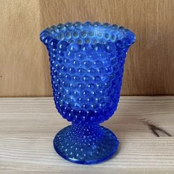 Vintage Blue Hobnail Bubble Glass 4” Tall Footed Votive Candle Holder
