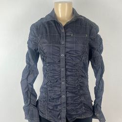 Athleta Tulum Plaid Ruched Snap Up Roll Up Sleeves Gray Shirt Women’s Size S