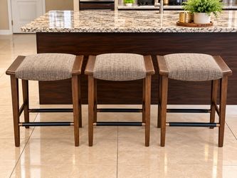 Set of 3 Upholstered Bar Stools – Dark Wood & Gray Fabric – $90