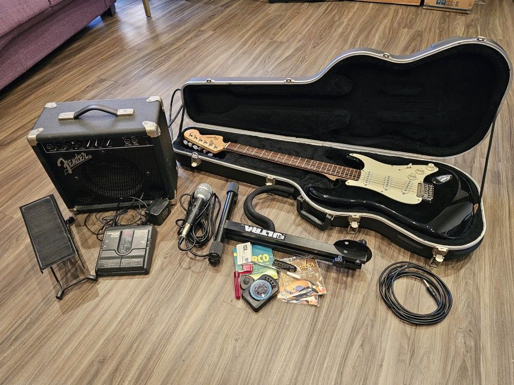 Fender Squier Guitar Set - Amp, Hard Case, Stand, Pedal, Stool, Mic, +