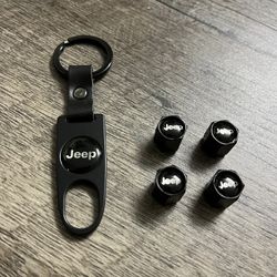 Matte Black Jeep Car Wheel Tire Valve Caps Stem With Keychain