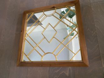 Square Wooden Framed Hanging Mirror with Gold Geometric Overlay