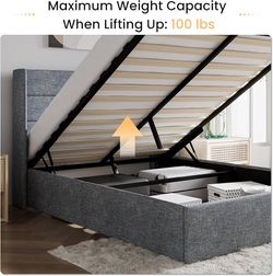 Queen Size Lift Up Storage Bed/Modern Wingback Headboard/Upholstered Platform Bed Frame/Hydraulic Storage/No Box Spring Needed/Wood Slats Support/Grey