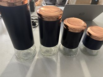 Beautiful Blue And Rose Gold Canisters