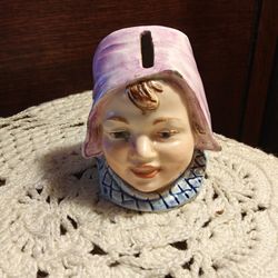 $49 Antique German Pottery Dutch Girl Head Antique Bank 7695