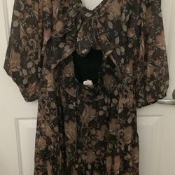 Letrueke Plus Sz Brwn & Blk Sq. Neck Floral Dress W/Semi Sheer Puff Sleeves Sz  1X