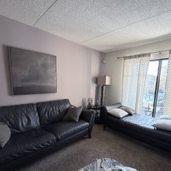 Blue-Gray Leather Couch And Chaise 