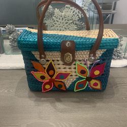 Woven Tote Bag Beige And Turquoise Flowers
