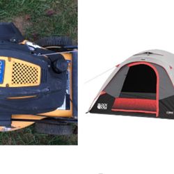 Lawn Mower  $50,    6 Man Tent  $80.