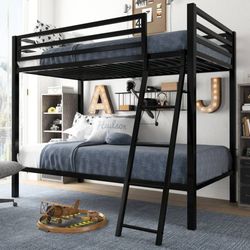 Twin-Over-Twin Bunk Beds with Heavy Duty Metal Frame and Ladder, Matte Black