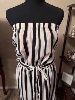 Black and White Striped Strapless Jumpsuit