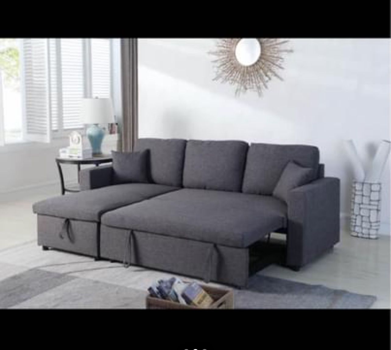Sectional Sofa Pullout Bed W/Chaise Storage Fabric Reversible 88”x57”X33”H