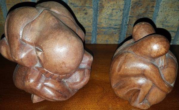 Wooden Carved Hugging Couple and Crying Buddha