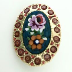 Vintage Italian Micro Mosaic Pin Brooch Glass Tiles Floral Gold Colorful Jewelry