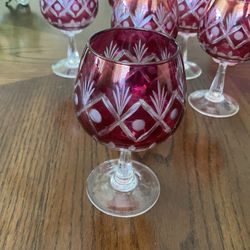 Vintage Bohemian Ruby Red Wine / Sherry Cut-to-clear Crystal Set Of 6