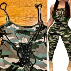 Toxik3 Spaghetti Strap Sleeveless Camo Print Romper lace up One Piece Jumpsuit