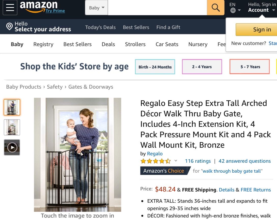 Regalo Easy Step Extra Tall Arched Décor Walk Thru Baby Gate, Includes 4-Inch Extension Kit, 4 Pack Pressure Mount Kit and 4 Pack Wall Mount Kit, Bro