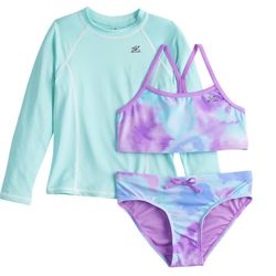 ZeroXposur Bikini Top Bottoms Long Sleeve Rash guard Swimsuit Set Girls XX Small (4/5) Light Purple Iris Blue  Give her style and comfort for a beach 