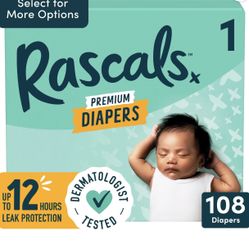 Rascals Premium Absorbent Baby Diapers Size 1, 108 Count (Select for More Options)