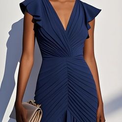 Ladies Navy Blue Rouched Cocktail Dress