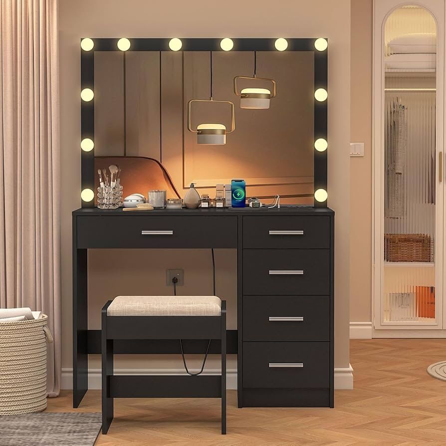 Vanity Desk with Mirror and Lights, Vanity with Power Outlet, Makeup Vanity with Large Mirror & 5 Drawers, Dressing Table with Stool for Bedroom, Bath