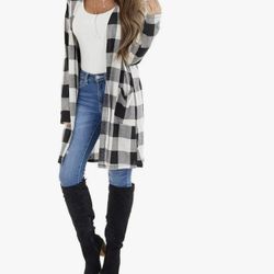 Buffalo Plaid Open Front Cardigan Sweater - Black and White