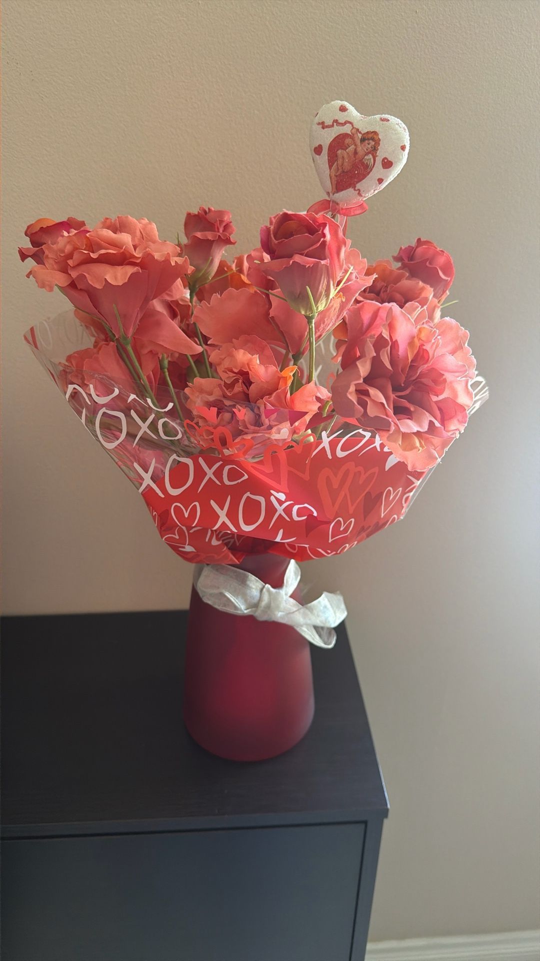 Red Vase With Artificial Flowers For Valentin’s Day Gift , $15
