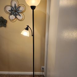 Floor Lamp. Dark bronze metal with 2 warm white lamp shades 72". 