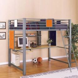 Metal Twin Size Loft Bunk Bed With Shelf Shelv